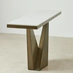 Vania Brushed Bronze Console Table with Statuario White Sintered Stone Top