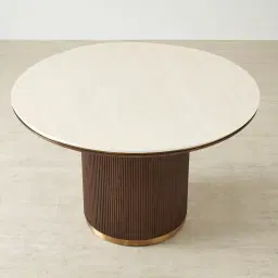 San Pierre Ebony Brown Ash Veneer Round Dining Table with Cream Travertine Finish Sintered Stone Top - 120cm