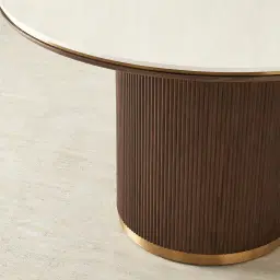 San Pierre Ebony Brown Ash Veneer Round Dining Table with Cream Travertine Finish Sintered Stone Top - 120cm