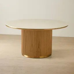 San Pierre Light Brown Ash Veneer Round Dining Table with Travertine Finish Sintered Stone Top - 150cm