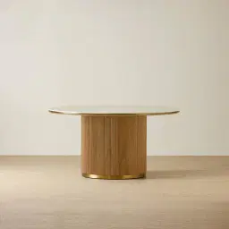 San Pierre Light Brown Ash Veneer Round Dining Table with Travertine Finish Sintered Stone Top - 150cm