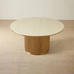 San Pierre Light Brown Ash Veneer Round Dining Table with Travertine Finish Sintered Stone Top - 150cm