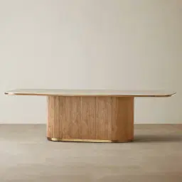 San Pierre Light Brown Ash Veneer Single Leg Rectangular Dining Table with Travertine Finish Sintered Stone Top - 270x120cm