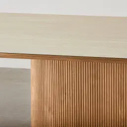 San Pierre Light Brown Ash Veneer Single Leg Rectangular Dining Table with Travertine Finish Sintered Stone Top - 270x120cm