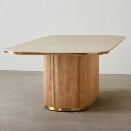 San Pierre Light Brown Ash Veneer Single Leg Rectangular Dining Table with Travertine Finish Sintered Stone Top - 270x120cm