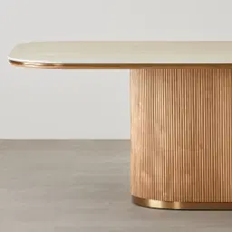 San Pierre Light Brown Ash Veneer Single Leg Rectangular Dining Table with Travertine Finish Sintered Stone Top - 270x120cm