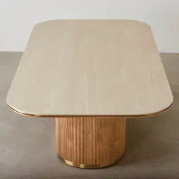 San Pierre Light Brown Ash Veneer Single Leg Rectangular Dining Table with Travertine Finish Sintered Stone Top - 270x120cm