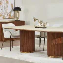 San Pierre Light Brown Ash Veneer Two-Leg Rectangular Dining Table with Travertine Finish Sintered Stone Top - 270x120cm