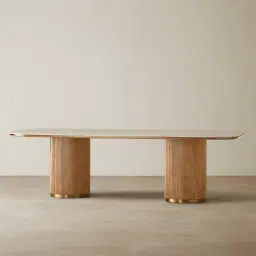 San Pierre Light Brown Ash Veneer Two-Leg Rectangular Dining Table with Travertine Finish Sintered Stone Top - 270x120cm