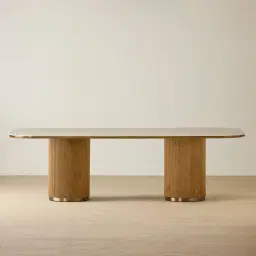San Pierre Light Brown Ash Veneer Two-Leg Rectangular Dining Table with Travertine Finish Sintered Stone Top - 270x120cm