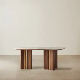 Sir Lionell II Gliding White Sintered Stone Rectangular Dining Table - Walnut Brown Wooden Legs 160x90cm