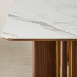 Sir Lionell II Gliding White Sintered Stone Rectangular Dining Table - Walnut Brown Wooden Legs 200x120cm