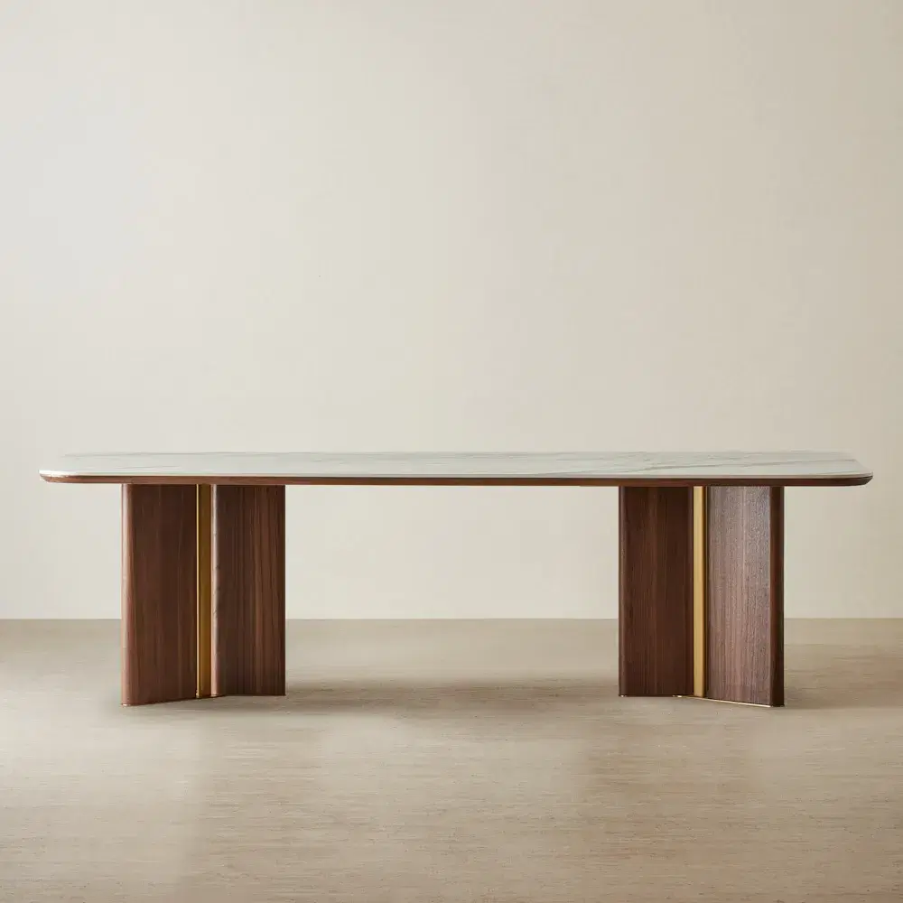 Sir Lionell II Gliding White Sintered Stone Rectangular Dining Table - Walnut Brown Wooden Legs 270x120cm