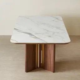 Sir Lionell II Gliding White Sintered Stone Rectangular Dining Table - Walnut Brown Wooden Legs 270x120cm