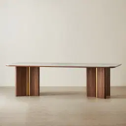 Sir Lionell II Gliding White Sintered Stone Rectangular Dining Table - Walnut Brown Wooden Legs 270x120cm