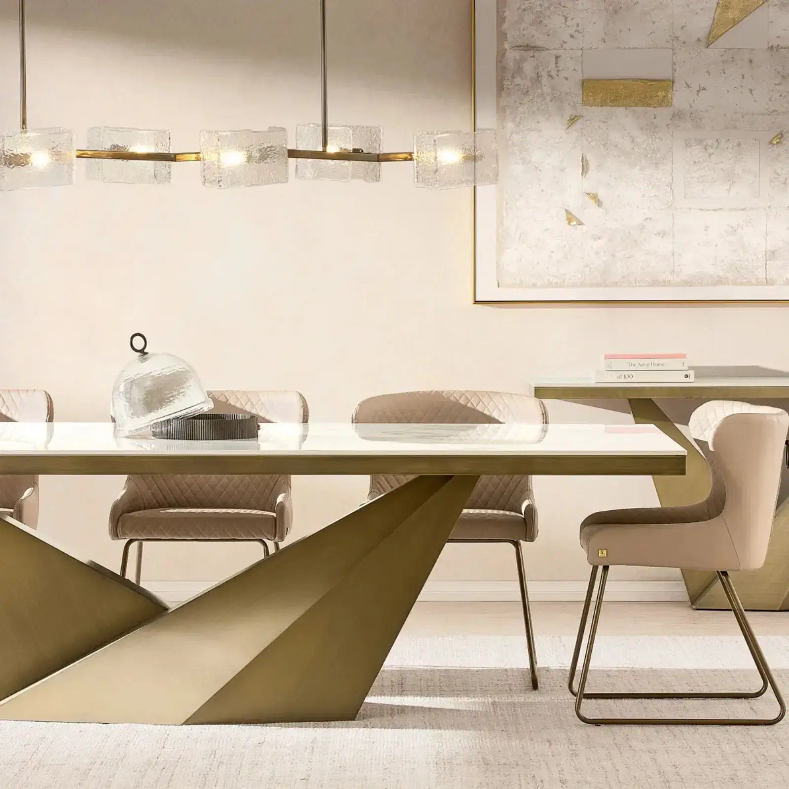 Vania Statuario White Sintered Stone Dining Table - Brushed Bronze Legs 268x118cm