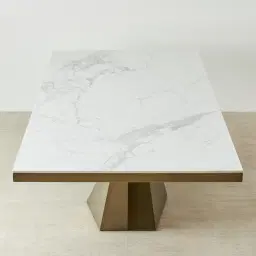 Vania Brushed Bronze Dining Table with Statuario White Sintered Stone Top - 268x118cm