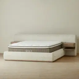Riviera Isabelline White Fabric Queen Bed with Medium Brown Ash Veneer