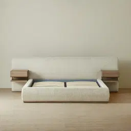 Riviera Isabelline White Fabric Queen Bed with Medium Brown Ash Veneer