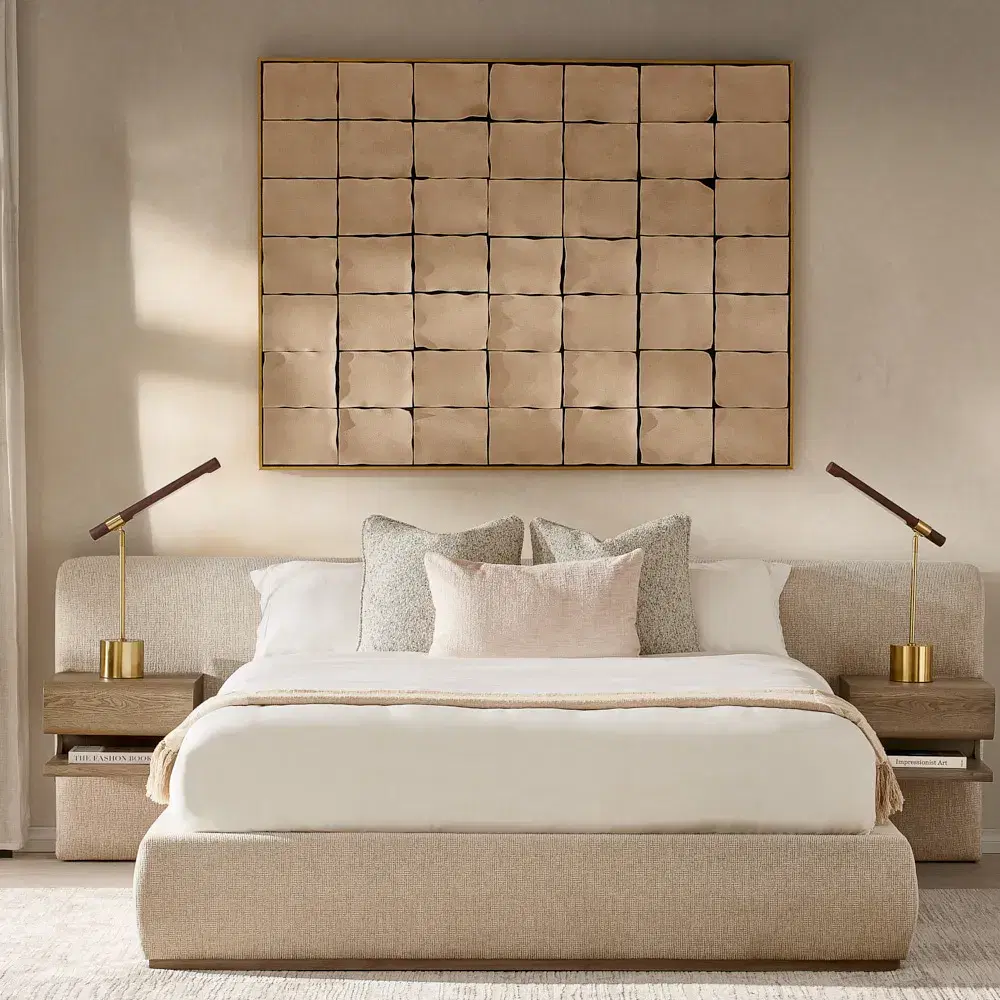 Riviera Isabelline White Fabric Queen Bed with Medium Brown Ash Veneer