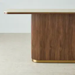 San Pierre Walnut Veneer Single Leg Console Table with Travertine Finish Sintered Stone Top