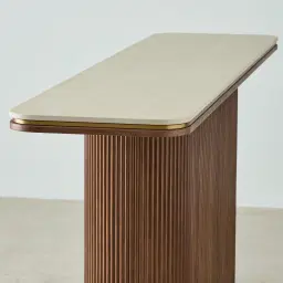 San Pierre Walnut Veneer Single Leg Console Table with Travertine Finish Sintered Stone Top
