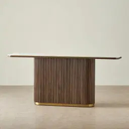 San Pierre Ebony Brown Ash Veneer Single Leg Console Table with Travertine Finish Sintered Stone Top