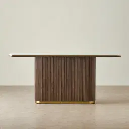 San Pierre Ebony Brown Ash Veneer Single Leg Console Table with Travertine Finish Sintered Stone Top