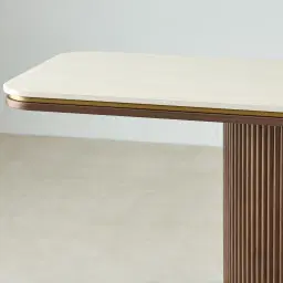 San Pierre Ebony Brown Ash Veneer Single Leg Console Table with Travertine Finish Sintered Stone Top