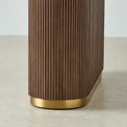 San Pierre Ebony Brown Ash Veneer Single Leg Console Table with Travertine Finish Sintered Stone Top