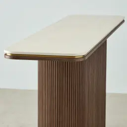 San Pierre Ebony Brown Ash Veneer Single Leg Console Table with Travertine Finish Sintered Stone Top