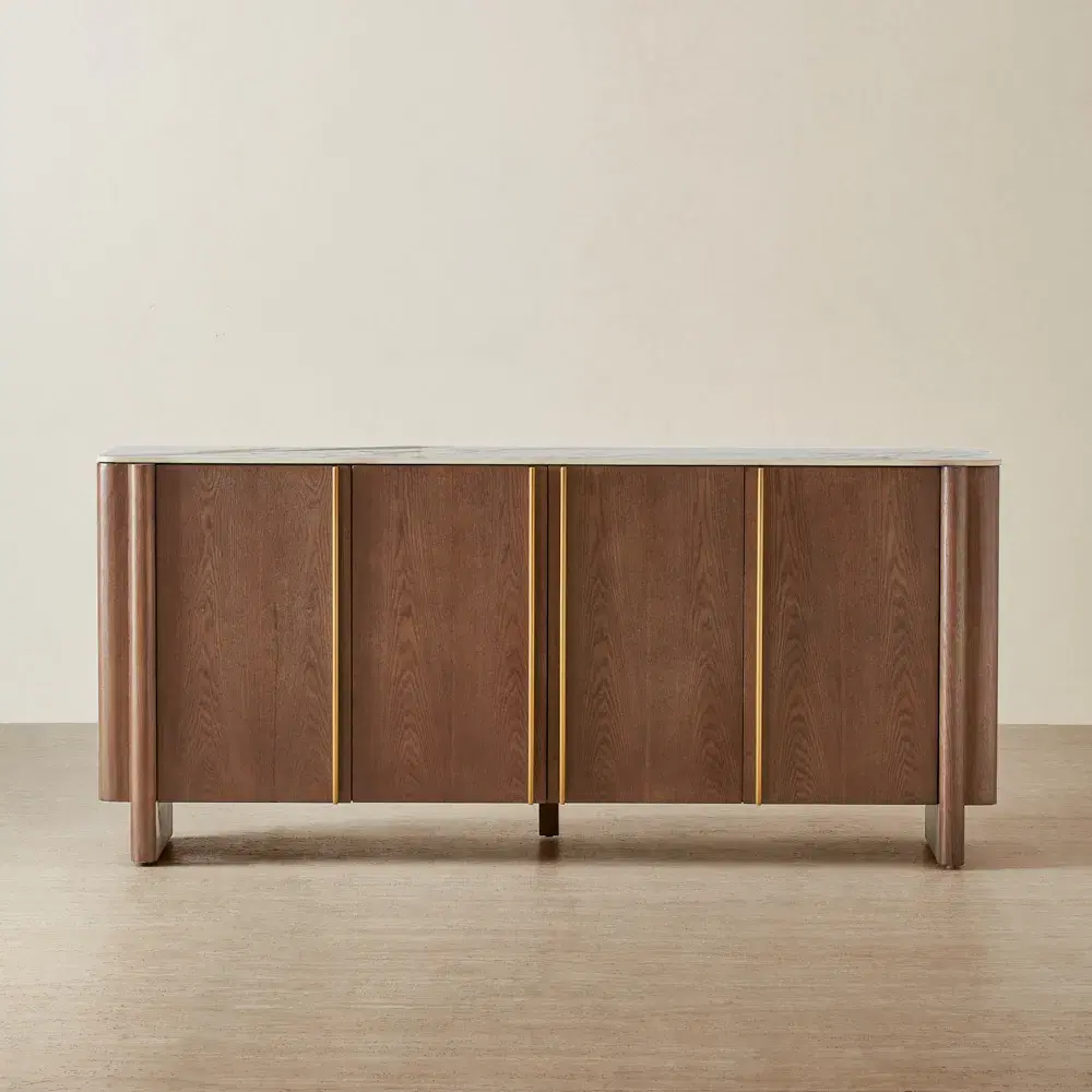 Sir Lionell Gliding White Sintered Stone Sideboard - Walnut Brown Wooden Legs