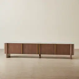 Sir Lionell Gliding White Sintered Stone Entertainment Unit - Walnut Brown Wooden Legs