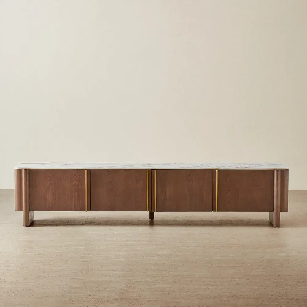 Sir Lionell Gliding White Sintered Stone Entertainment Unit - Walnut Brown Wooden Legs