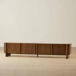 Sir Lionell Gliding White Sintered Stone Entertainment Unit - Walnut Brown Wooden Legs