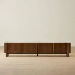 Sir Lionell Gliding White Sintered Stone Entertainment Unit - Walnut Brown Wooden Legs