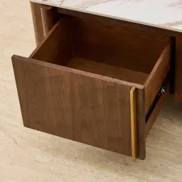 Sir Lionell Gliding White Sintered Stone Entertainment Unit - Walnut Brown Wooden Legs