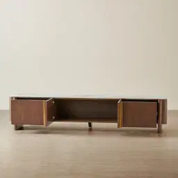 Sir Lionell Gliding White Sintered Stone Entertainment Unit - Walnut Brown Wooden Legs