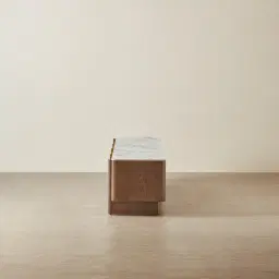 Sir Lionell Gliding White Sintered Stone Entertainment Unit - Walnut Brown Wooden Legs