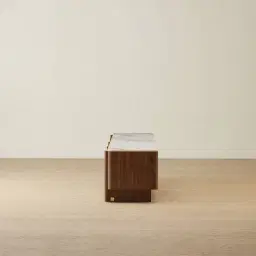 Sir Lionell Gliding White Sintered Stone Entertainment Unit - Walnut Brown Wooden Legs