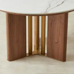 Sir Lionell II Gliding White Sintered Stone Round Dining Table - Walnut Brown Wooden Legs 150cm