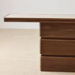 Whimsy Walnut Brown Single Legged Console Table - Taj Mahal Sintered Stone Top