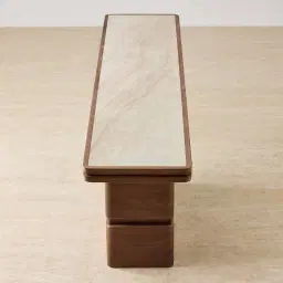 Whimsy Walnut Brown Single Legged Console Table - Taj Mahal Sintered Stone Top