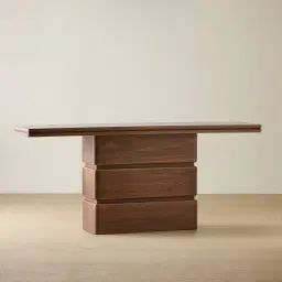 Whimsy Walnut Brown Single Legged Console Table - Taj Mahal Sintered Stone Top