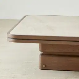 Whimsy Walnut Brown Wooden Coffee Table - Taj Mahal Sintered Stone Top