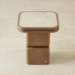 Whimsy Walnut Brown Side Table - Taj Mahal Sintered Stone Top