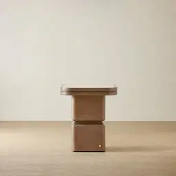 Whimsy Walnut Brown Side Table - Taj Mahal Sintered Stone Top