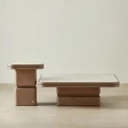 Whimsy Walnut Brown Side Table - Taj Mahal Sintered Stone Top