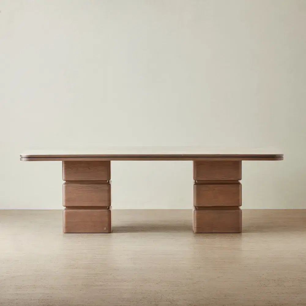 Whimsy Walnut Brown Wooden Dining Table - Taj Mahal Sintered Stone Top