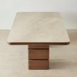 Whimsy Walnut Brown Wooden Dining Table - Taj Mahal Sintered Stone Top